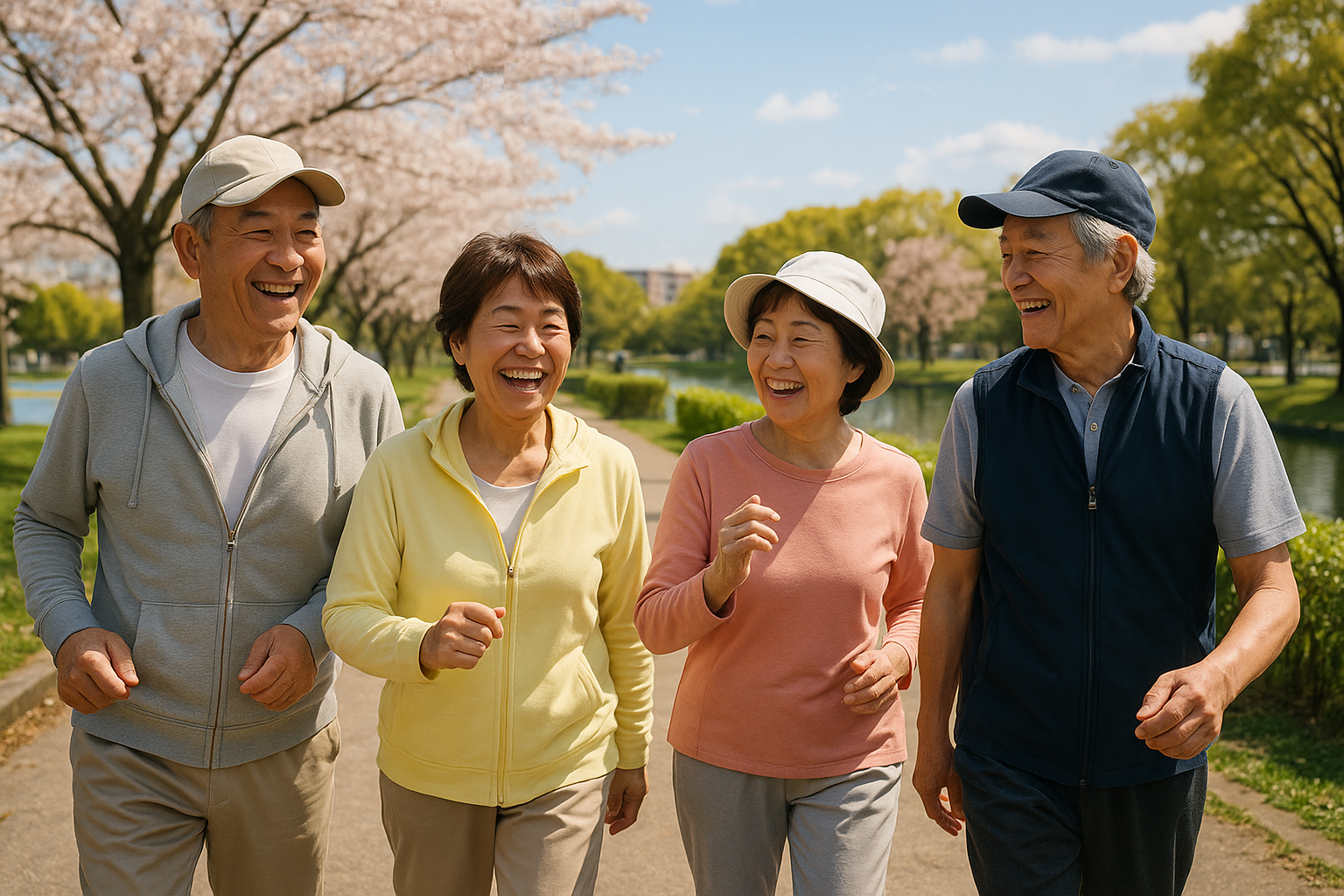 公園で元気にウォーキングする人々
