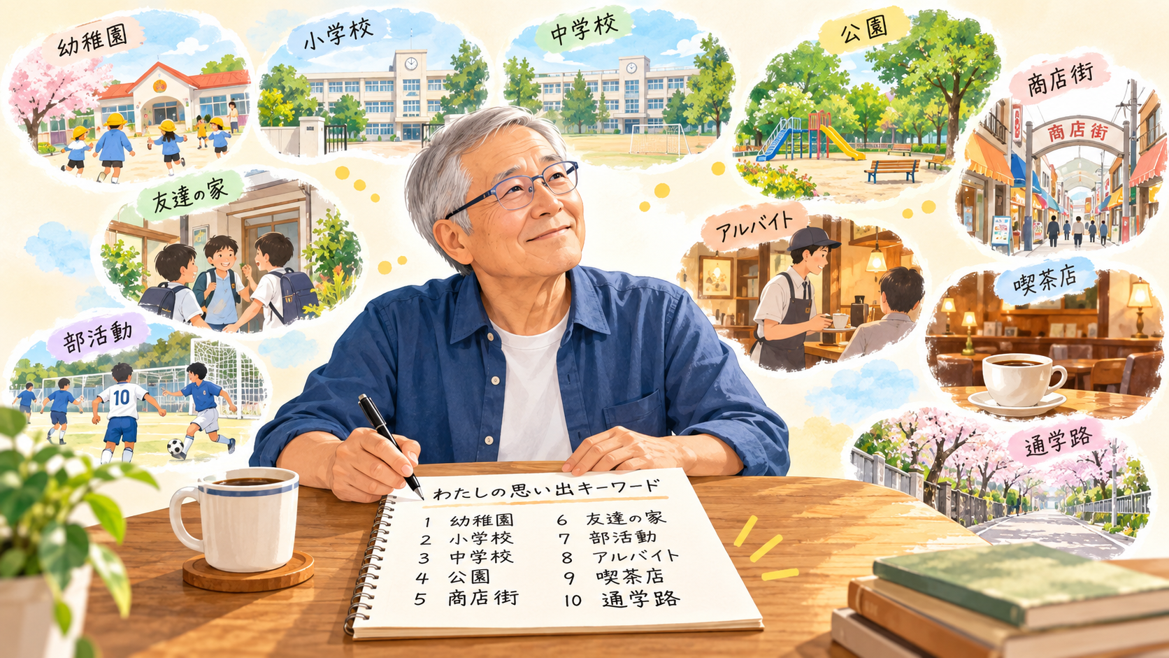 昔の思い出につながるキーワードを10個書き出すイメージ
