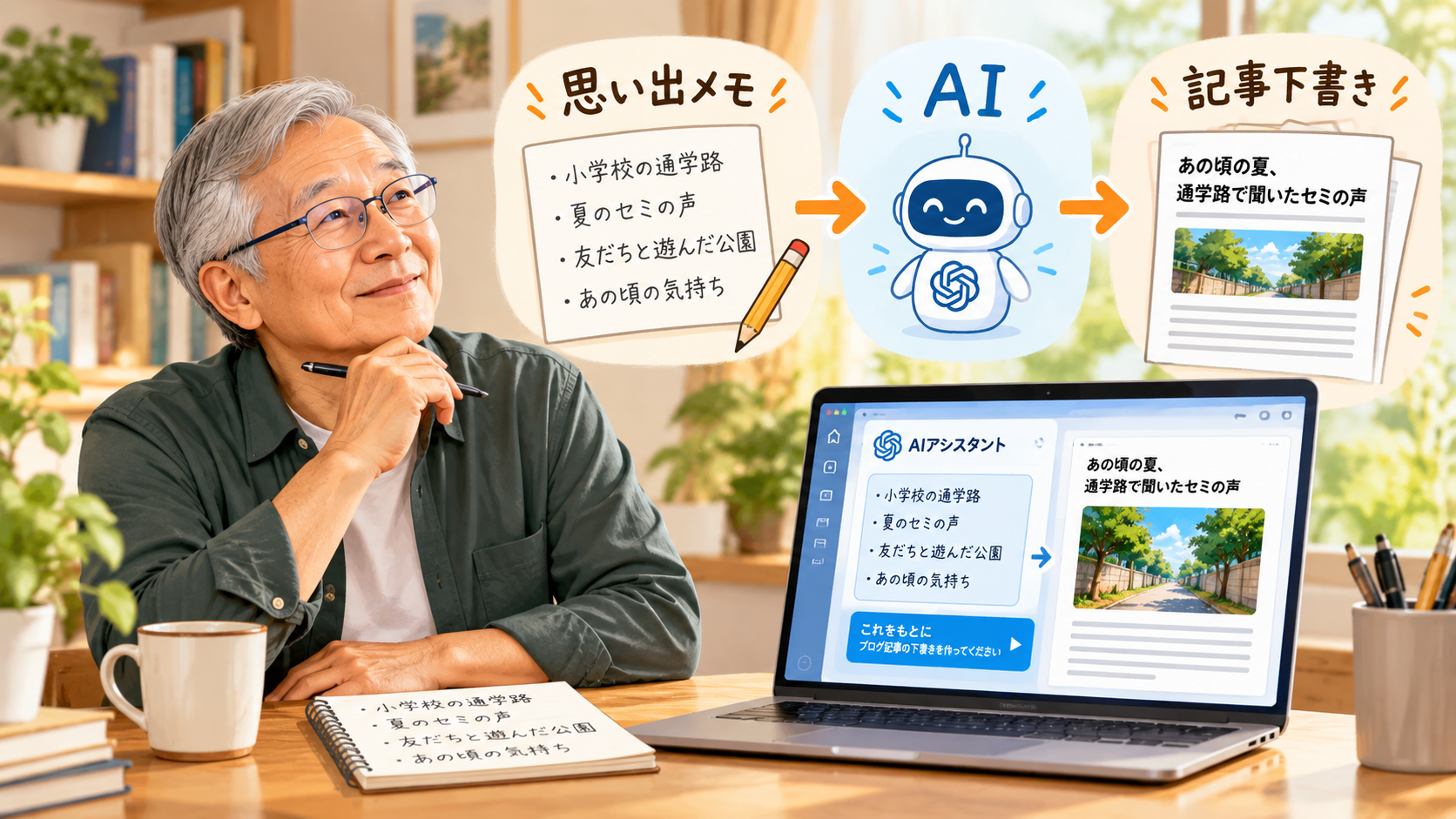思い出メモをAIに渡して記事の下書きを作る流れ