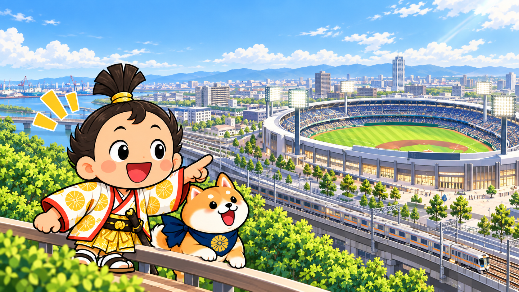 尼崎の新しい野球場を見つけて喜ぶ、なんで丸とあまるのイラスト