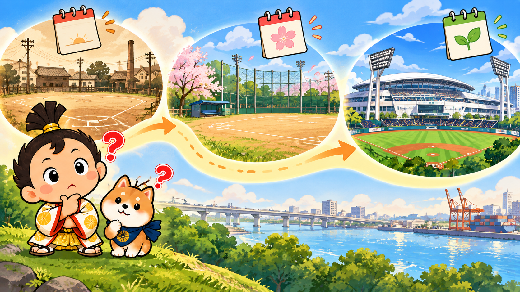浜田から鳴尾浜を経て大物へ移った阪神タイガースのファーム拠点を表すイラスト