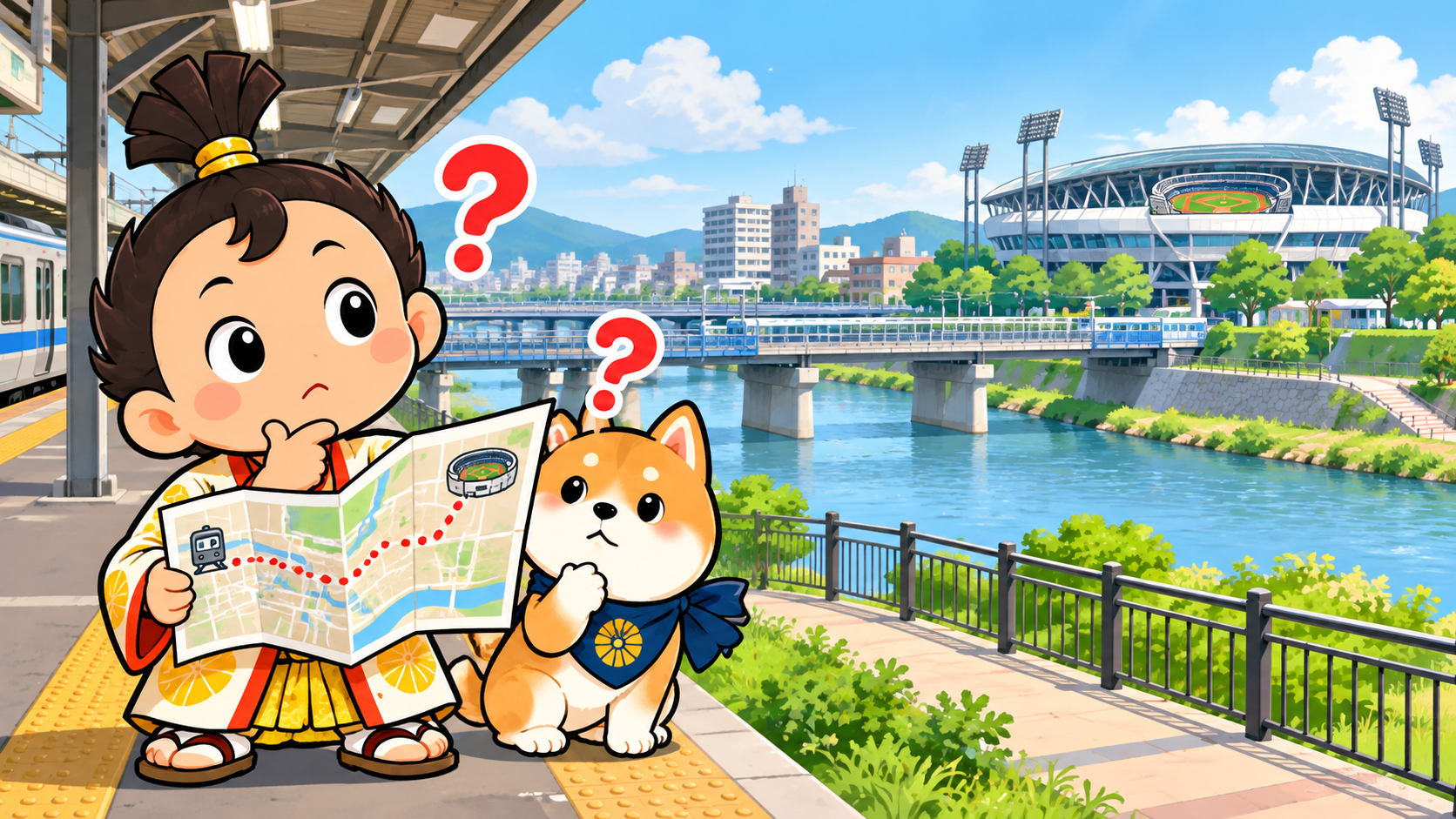 大物駅近くの川と球場を地図で確認する、なんで丸とあまるのイラスト