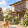 雨戸の閉まった空き家の前で、書類を手にどうするか考える男性と犬