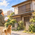 雨戸の閉まった空き家の前で、書類を手にどうするか考える男性と犬