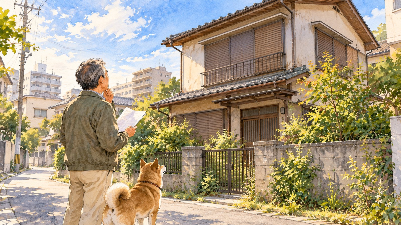 雨戸の閉まった空き家の前で、書類を手にどうするか考える男性と犬