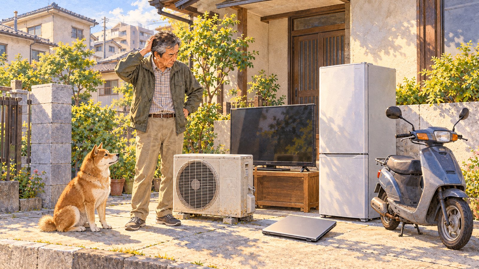 エアコンの室外機、テレビ、冷蔵庫、パソコン、原付を前に困る男性