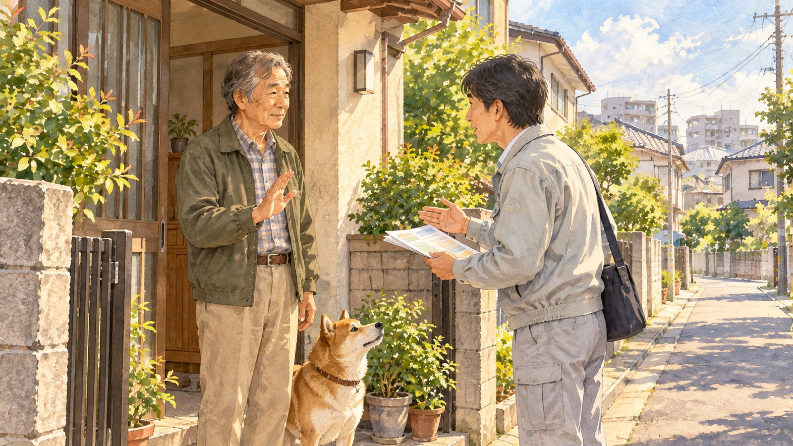 玄関先でリフォームの営業を、手を上げてやんわり断る男性と犬
