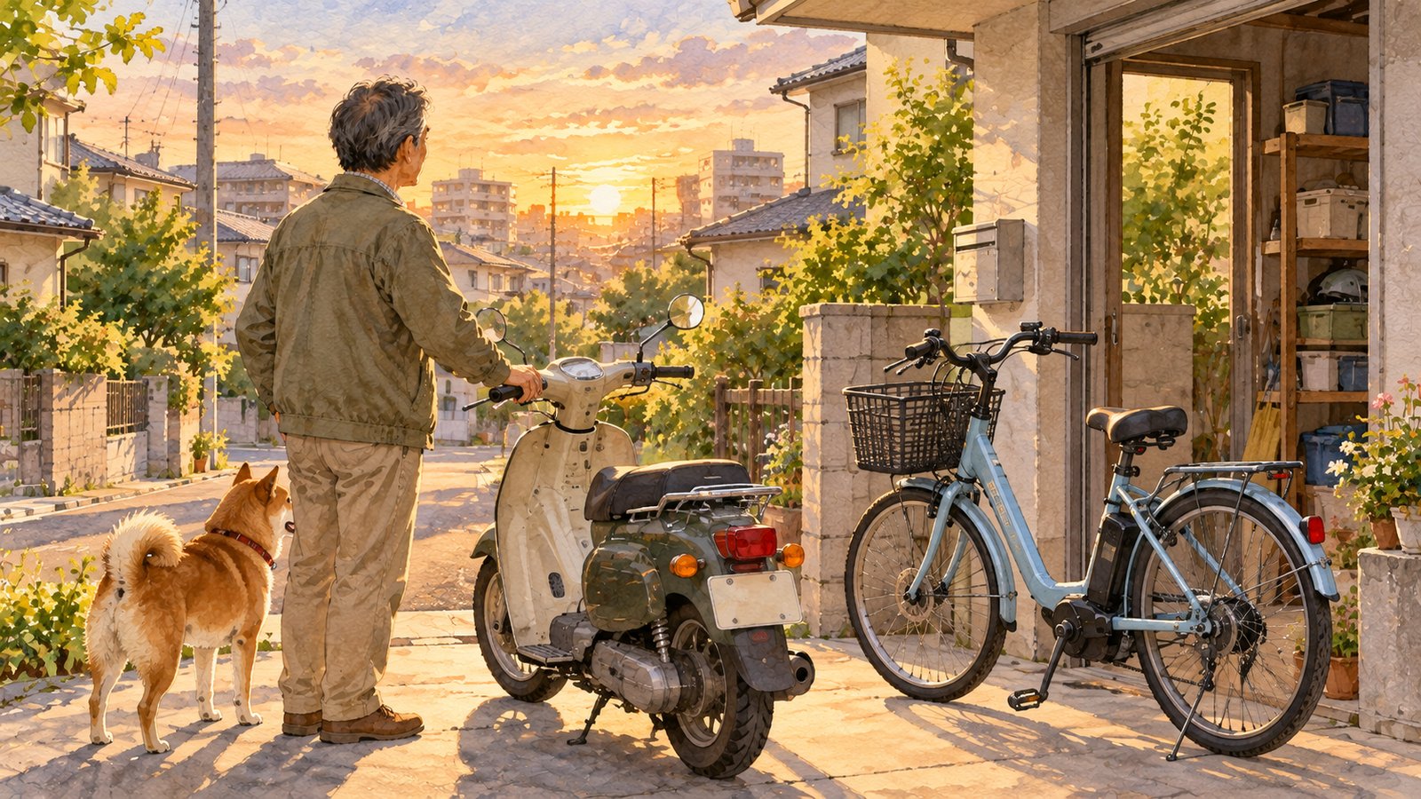 車庫の前で原付に手を置く男性と、横に置かれた電動アシスト自転車
