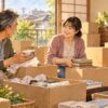 段ボールに囲まれた和室で、父と娘が荷物を仕分けする様子