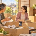 段ボールに囲まれた和室で、父と娘が荷物を仕分けする様子