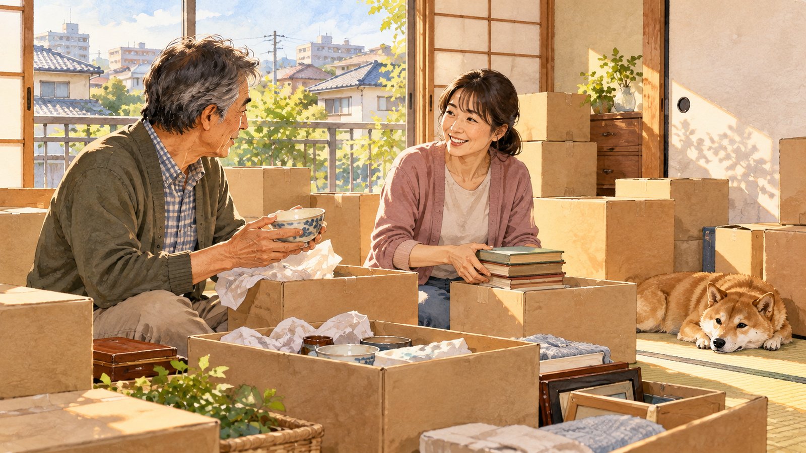段ボールに囲まれた和室で、父と娘が荷物を仕分けする様子