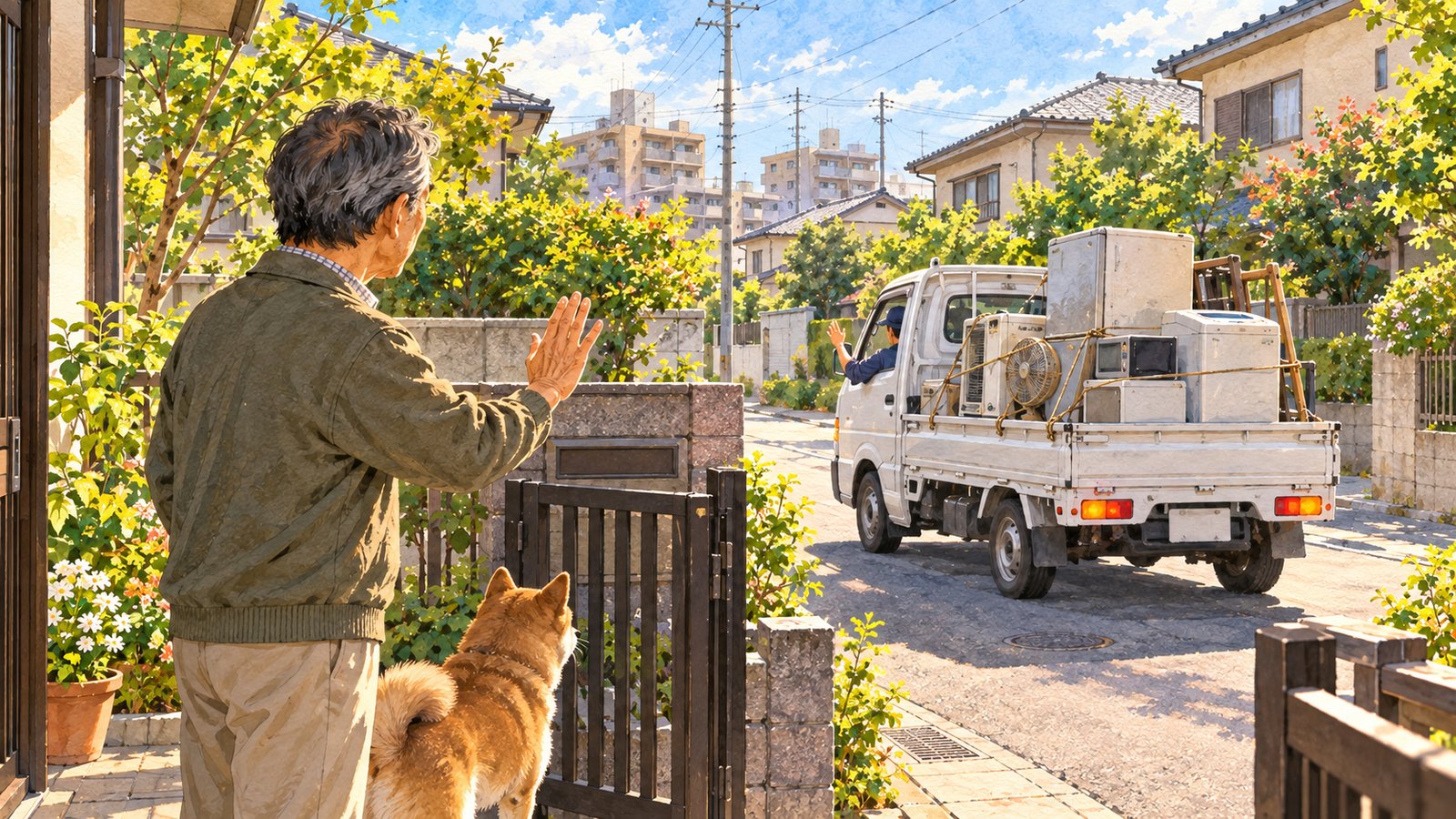 家電を積んだ軽トラックに、門の内側から断る男性と犬