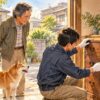 買取店のスタッフがタンスを査定し、男性と犬が見守る様子