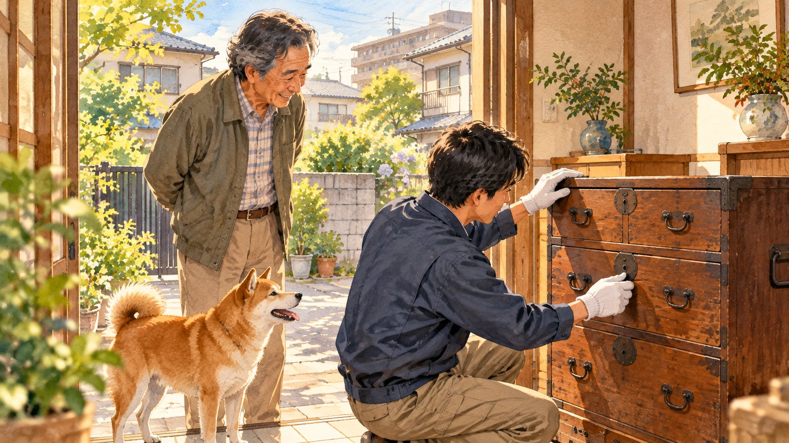 買取店のスタッフがタンスを査定し、男性と犬が見守る様子