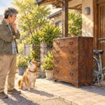 玄関先のタンスと自転車を前に、出し方を考える男性と犬