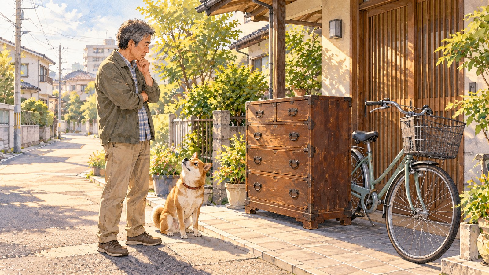 玄関先のタンスと自転車を前に、出し方を考える男性と犬